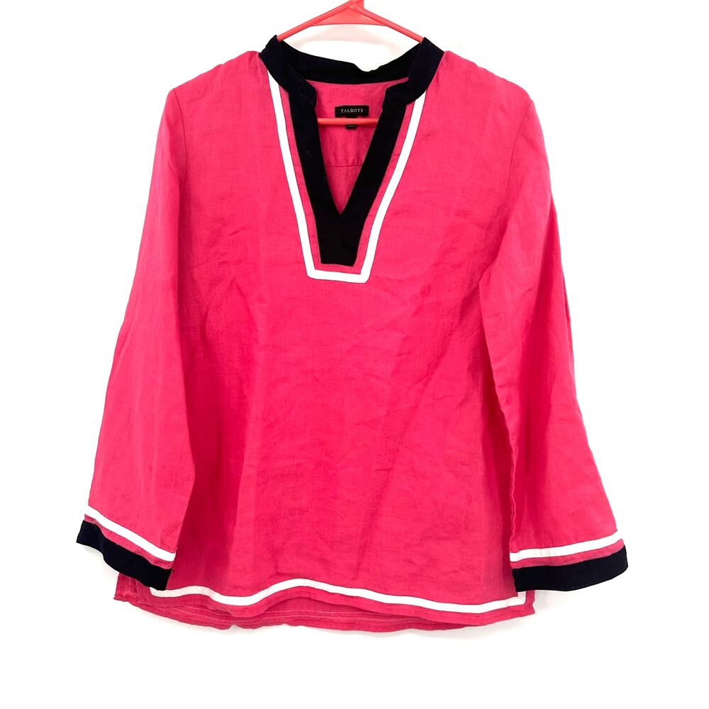 Talbots Size Small Blouse Pink Black 100% Linen Tunic Long Sleeve Lightweight
